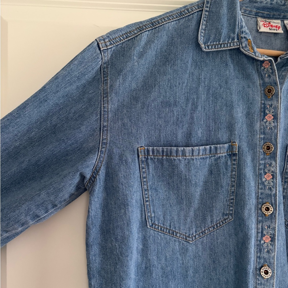 Vintage Disney Store WInnie the Pooh Embroidered Denim Shirt Floral 90s Y2K Sz L - Picture 6 of 16